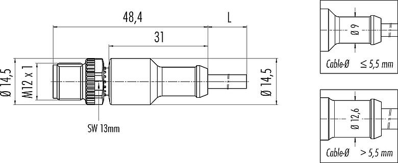 Dessin coté M12 Connecteur mâle, Contacts: 3, non blindé, surmoulé sur le câble, IP68/IP69K, UL 2238, PVC, gris, 3 x 0,34 mm², 2 m
