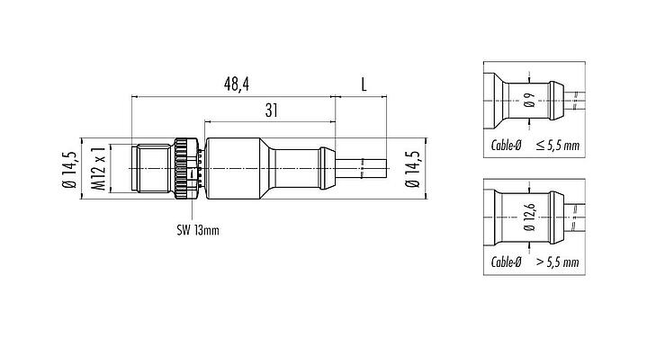 Dibujo a escala M12 Conector de cable macho, Número de contactos: 5, sin blindaje, moldeado en el cable, IP68/IP69K, UL 2238, PVC, gris, 5 x 0,34 mm², 5 m