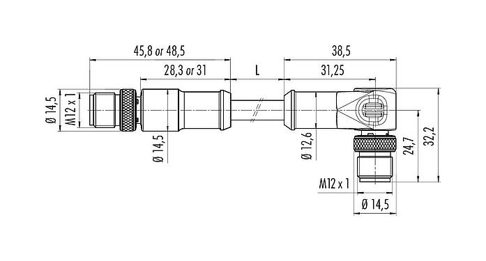 Scale drawing M12 Connecting cable male cable connector - male angled connector, Contacts: 8, shielded, moulded on the cable, IP67, Ethernet CAT5e, TPE, teal, 4 x 2 x AWG 24, 1 m