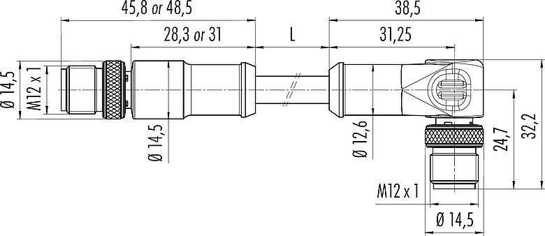 Dessin coté M12 Câble de raccordement connecteur mâle - connecteur mâle coudé, Contacts: 8, blindé, surmoulé sur le câble, IP67, Ethernet CAT5e, TPE, noir, 4 x 2 x AWG 24, 10 m