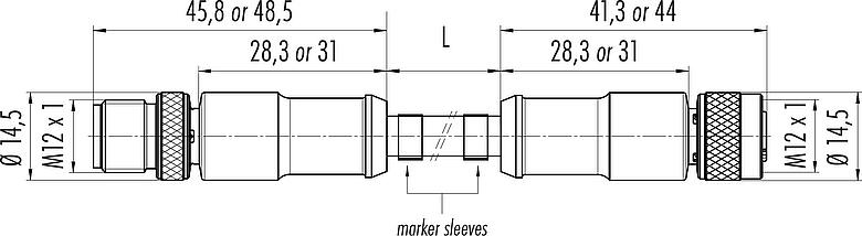 Dessin coté M12 Câble de raccordement connecteur mâle - connecteur femelle, Contacts: 8, blindé, surmoulé sur le câble, IP67, UL 2238, PUR, noir, 8 x 0,25 mm², 1 m