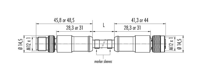 Dessin coté 77 3530 3529 50705-0200 - M12/M12 Câble de raccordement connecteur mâle - connecteur femelle, Contacts: 5, blindé, surmoulé sur le câble, IP67, UL, PUR, noir, 5 x 0,25 mm², 2 m