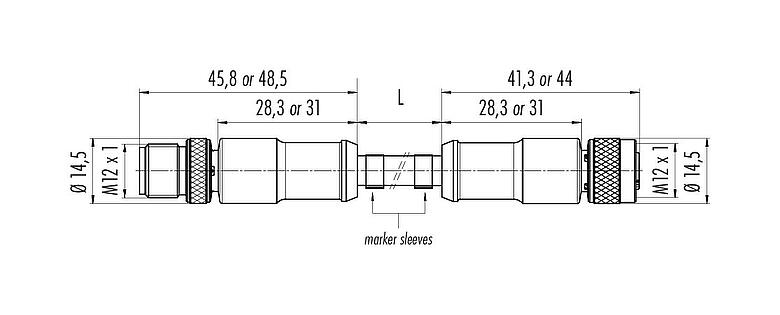 Scale drawing M12 Connecting cable male cable connector - female cable connector, Contacts: 8, shielded, moulded on the cable, IP67, UL 2238, PUR, black, 8 x 0.25 mm², 1 m