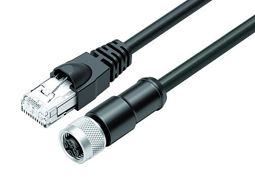 3D View 77 9753 4530 64704-0030 - M12/RJ45 Connecting cable female cable connector - RJ45 connector, Contacts: 4, shielded, molded/crimp, IP67, Ethernet CAT5e, TPE, black, 2 x 2 x AWG 24, 0.3 m