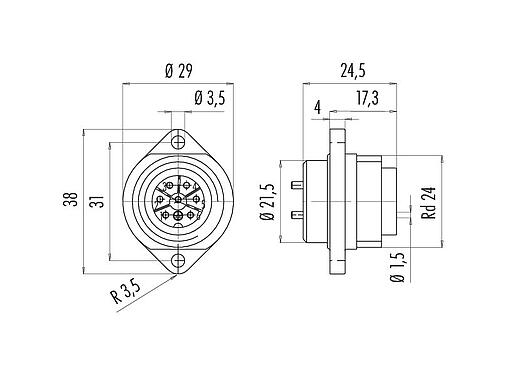 Scale drawing 09 0215 00 07 - RD24 Male panel mount connector, Contacts: 6+PE, unshielded, solder, IP67