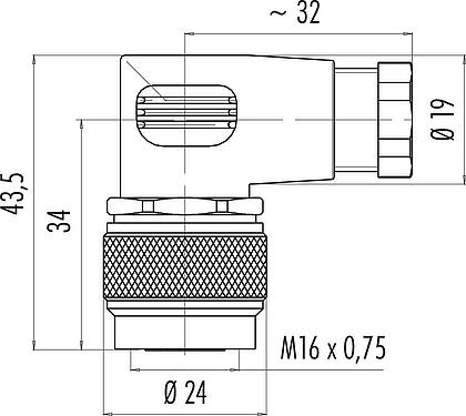 Dibujo a escala M16 Conector hembra en ángulo, Número de contactos: 6 (06-a), 6,0-8,0 mm, sin blindaje, soldadura, IP67
