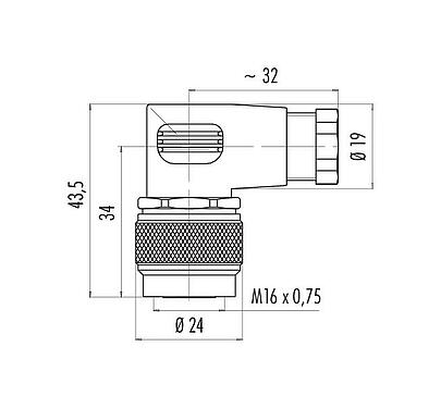 Scale drawing M16 Female angled connector, Contacts: 2 (02-a), 4.0-6.0 mm, unshielded, solder, IP67