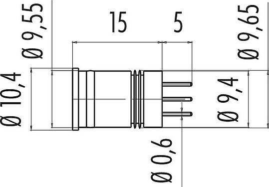 Dessin coté M12 Encastrable mâle, Contacts: 4, non blindé, THT, IP67, Montage frontal