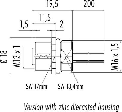 Dessin coté M12 Embase femelle, Contacts: 4, non blindé, fils, IP67, UL 2238, M16x1,5, Montage frontal
