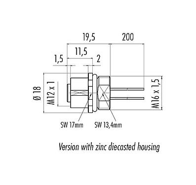 Dessin coté M12 Embase femelle, Contacts: 4, non blindé, fils, IP67, UL 2238, M16x1,5, Montage frontal