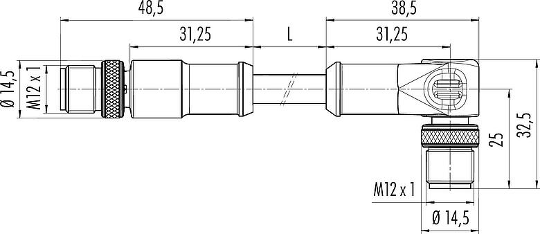 Scale drawing M12 Connecting cable male cable connector - male angled connector, Contacts: 4, shielded, moulded on the cable, IP67, UL, Ethernet CAT5e, TPE, black, 2 x 2 x AWG 24, 2 m