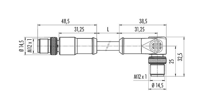 Scale drawing M12 Connecting cable male cable connector - male angled connector, Contacts: 4, shielded, moulded on the cable, IP67, UL, Ethernet CAT5e, TPE, black, 2 x 2 x AWG 24, 1 m
