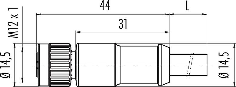Dessin coté M12 Connecteur femelle, Contacts: 2+7, surmoulé sur le câble, IP67, PUR, noir, Power: 2 x 0,75 (AWG 18), Signal: 7 x 0,14 (AWG 26), 1,85 m