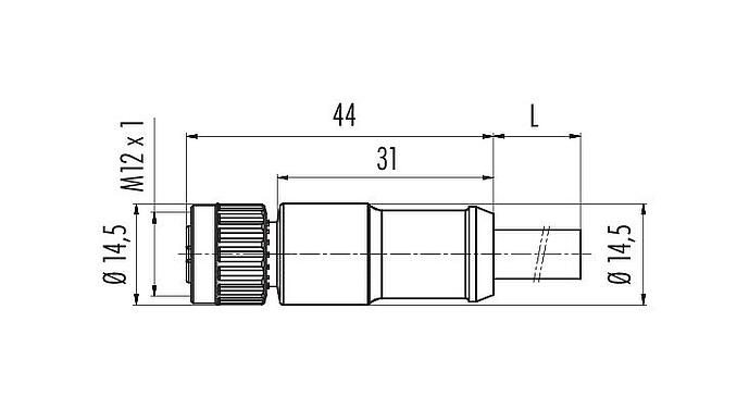 Scale drawing M12 Female cable connector, Contacts: 2+7, moulded on the cable, IP67, PUR, black, Power: 2 x 0.75 (AWG 18), Signal: 7 x 0.14 (AWG 26), 1.85 m