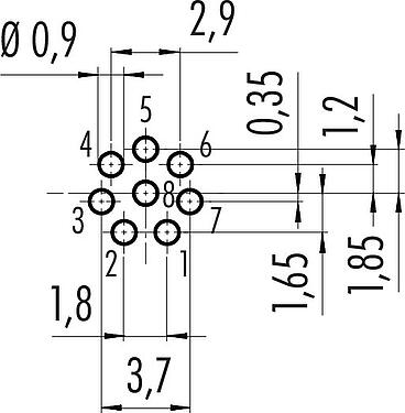 Conductor layout M8 Female panel mount connector, Contacts: 8, unshielded, THT, IP67, UL 2238, M12x1.0, Rear mounting, potted