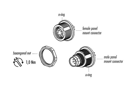 Component part drawing 09 0408 90 03 - M9 Female panel mount connector, Contacts: 3, unshielded, THT, IP67, front fastened