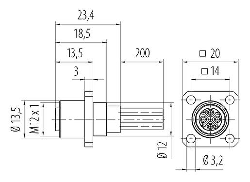 Dibujo a escala M12 Conector hembra cuadrado de montaje en panel, Número de contactos: 4, sin blindaje, hilos, IP40, UL 2238, M3 (4x), Montaje frontal, moldeado