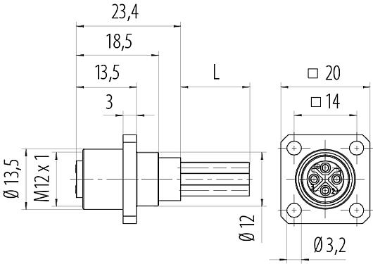 Dibujo a escala M12 Conector hembra cuadrado de montaje en panel, Número de contactos: 4, sin blindaje, hilos, IP40, UL 2238, M3 (4x), Montaje frontal, moldeado