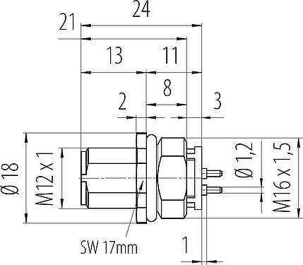 Dibujo a escala M12 Enchufe de brida, Número de contactos: 4, sin blindaje, THR, IP68, UL 2238, M16x1,5, Montaje frontal