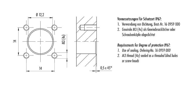 Muestra de montaje M12 Conector hembra cuadrado de montaje en panel, Número de contactos: 4, sin blindaje, hilos, IP40, UL 2238, M3 (4x), Montaje frontal, moldeado
