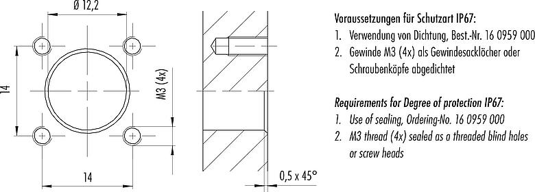 Muestra de montaje M12 Conector de montaje en panel macho cuadrado, Número de contactos: 4, sin blindaje, hilos, IP40, UL 2238, M3 (4x), Montaje frontal, moldeado