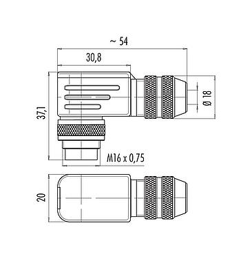 Dibujo a escala M16 Conector macho en ángulo, Número de contactos: 8 (08-a), 6,0-8,0 mm, blindable, soldadura, IP67, UL 2238
