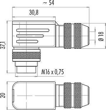 Scale drawing M16 Male angled connector, Contacts: 5 (05-b), 6.0-8.0 mm, shieldable, solder, IP67, UL 2238