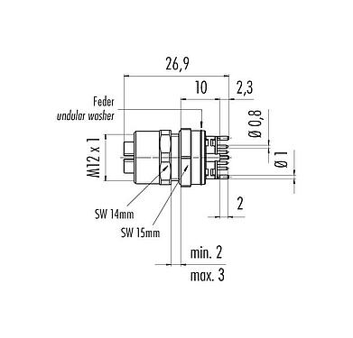Dessin coté M12 Embase femelle, Contacts: 8, blindable, THT, IP67, UL, M12x1,0, Montage frontal