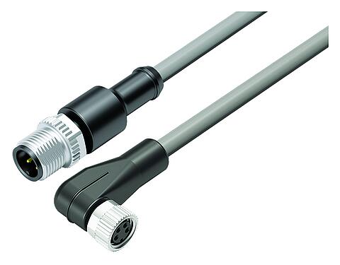 Ilustración M12/M8 Conector de cable macho - conector hembra en ángulo, Número de contactos: 4, sin blindaje, moldeado en el cable, IP67/IP69K, UL 2238, PVC, gris, 4 x 0,34 mm², 5 m