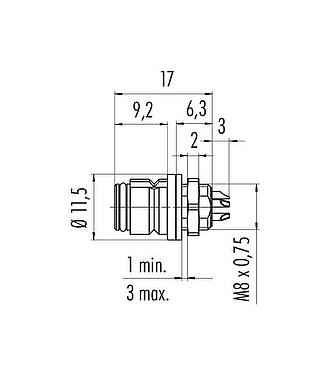 Dibujo a escala Snap-In Toma de brida, Número de contactos: 5, sin blindaje, soldadura, IP67, UL 2238, M8x0,75, Montaje frontal