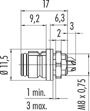 Scale drawing Snap-In Female panel mount connector, Contacts: 4, unshielded, solder, IP67, UL 2238, M8x0,75, Front mounting