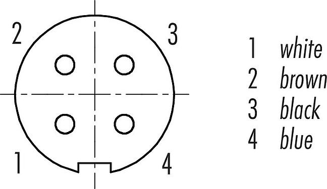 Disposition des contacts (Côté plug-in) M9 Connecteur femelle coudé, Contacts: 4, blindé, surmoulé sur le câble, IP67, PUR, noir, 5 x 0,25 mm², 2 m
