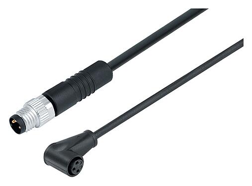 Illustration M8 Male cable connector - female angled connector, Contacts: 3, unshielded, moulded on the cable, IP65, PUR, black, 3 x 0.25 mm², 1 m