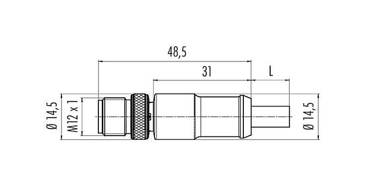 Dessin coté M12 Connecteur mâle, Contacts: 4, blindé, surmoulé sur le câble, IP67, Ethernet CAT5e, TPE, noir, 2 x 2 x AWG 24, 1 m