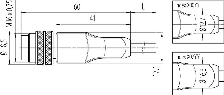 Scale drawing M16 Male cable connector, Contacts: 5, unshielded, moulded on the cable, IP67, PUR, black, 5 x 0.34 mm², 5 m