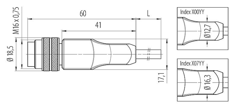 Dessin coté M16 Connecteur mâle, Contacts: 6, non blindé, surmoulé sur le câble, IP67, PUR, noir, 6 x 0,25 mm², 5 m