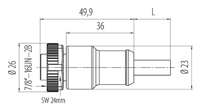 Dibujo a escala 7/8" Conector de cable hembra, Número de contactos: 3, sin blindaje, moldeado en el cable, IP68, UL 2238, PUR, negro, 3 x 1,50 mm², 2 m