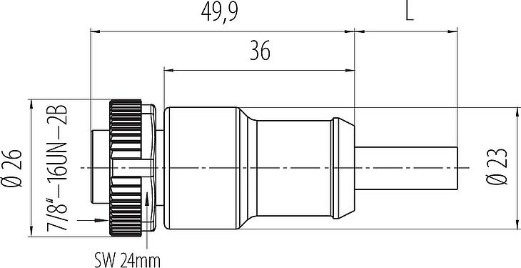 Dibujo a escala 7/8" Conector de cable hembra, Número de contactos: 5, sin blindaje, moldeado en el cable, IP68, UL 2238, PUR, negro, 5 x 1,50 mm², 10 m