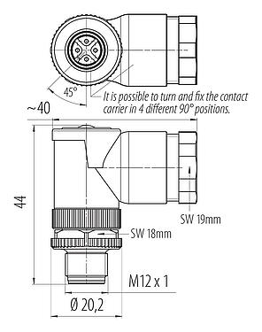 Scale drawing M12 Male angled connector, Contacts: 4, 2.1-3.0 mm (2 cable) or 4-5 mm (2 cable), unshielded, screw clamp, IP67, UL 2238