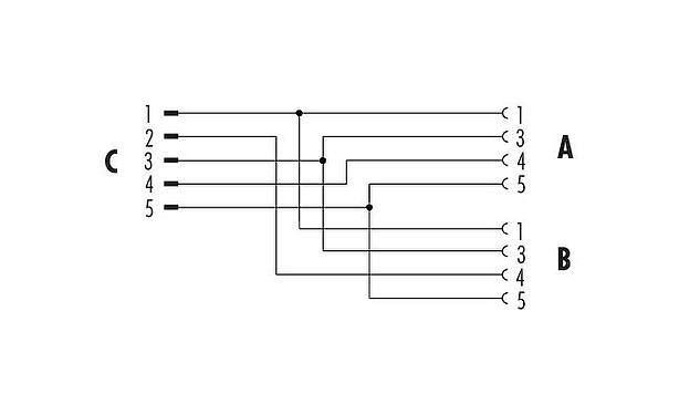 Pin assignment plans M12 Twin distributors Y-distributor, male connector - 2 female connector, Contacts: 5/4, unshielded, pluggable, IP68, UL 2238