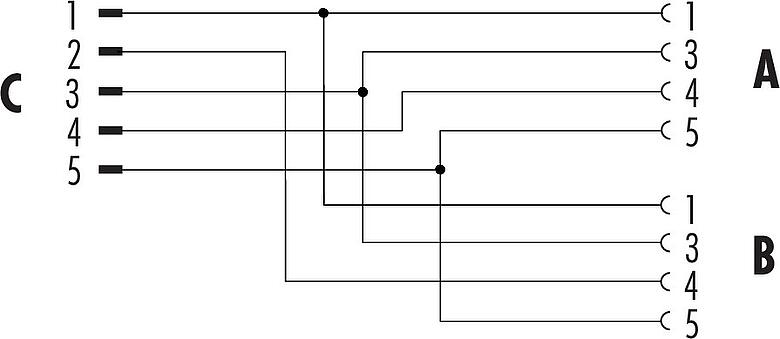 Schémas d’affectation des broches M12 Répartiteur double, Y-distributeur, mâle - 2 femelle, Contacts: 5/4, non blindé, enfichable, IP68, UL 2238