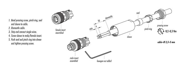 Instrucción de montaje 99 3379 100 03 - M8 Conector de cable macho, Número de contactos: 3, 3,5-5,0 mm, sin blindaje, tornillo extraíble, IP67, UL