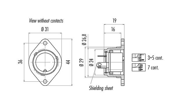 Scale drawing 09 0066 70 07 - Bayonet Female panel mount connector, Contacts: 7, shieldable, solder, IP40