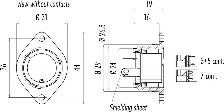 Dessin coté Baïonnette Embase femelle, Contacts: 7, blindable, souder, IP40, Montage frontal