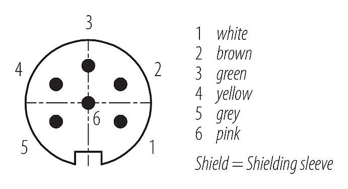 Disposition des contacts (Côté plug-in) M16 Connecteur mâle, Contacts: 6, blindé, surmoulé sur le câble, IP67, PUR, noir, 6 x 0,25 mm², 2 m