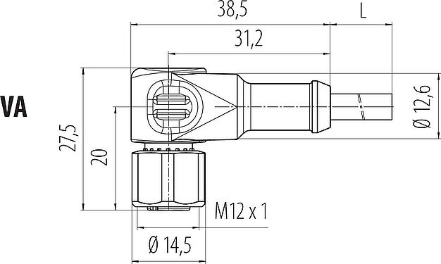 Scale drawing M12 Female angled connector, Contacts: 4, unshielded, moulded on the cable, IP68/IP69K, UL 2238, PUR, black, 4 x 0.34 mm², with LED PNP closer, stainless steel, 5 m