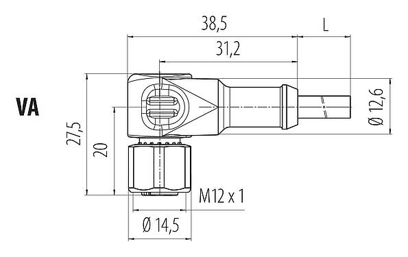 Dessin coté M12 Connecteur femelle coudé, Contacts: 4, non blindé, surmoulé sur le câble, IP68/IP69K, UL 2238, PVC, gris, 4 x 0,34 mm², Acier inoxydable, 5 m