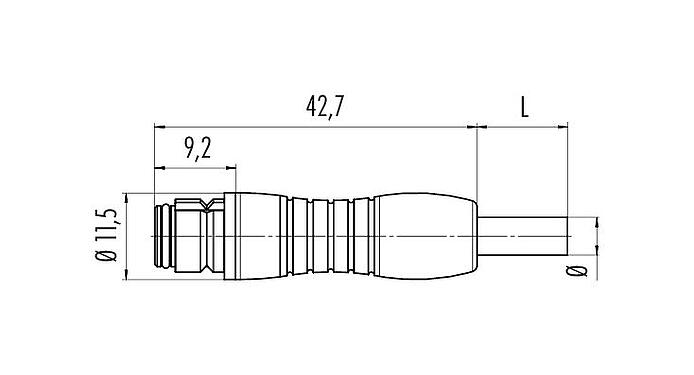 Dibujo a escala 77 7406 0000 50003-0200 - Snap-In Conector de cable hembra, Número de contactos: 3, sin blindaje, moldeado en el cable, IP67, PUR, negro, 3 x 0,25 mm², 2 m