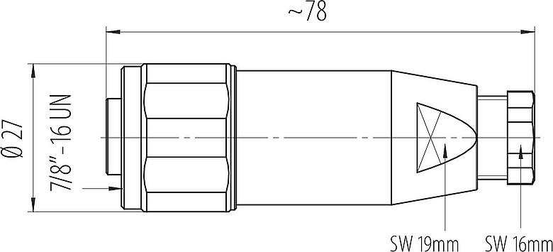 Scale drawing 7/8" Female cable connector, Contacts: 4+PE, 6.0-8.0 mm, unshielded, screw clamp, IP67, UL 2238, VDE
