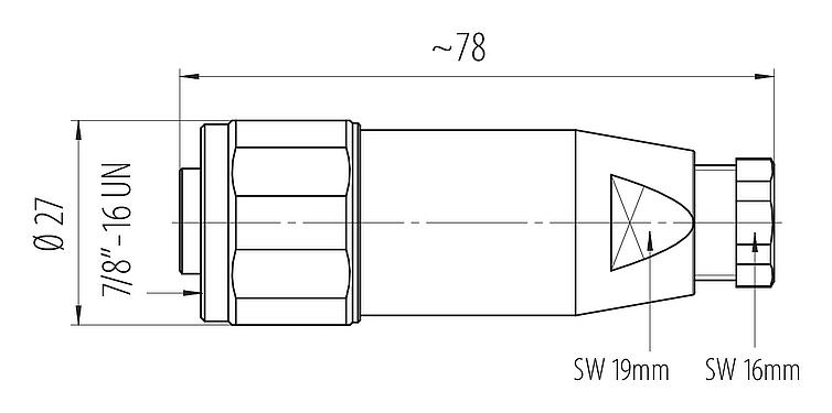 Dibujo a escala 7/8" Conector de cable hembra, Número de contactos: 2+PE, 6,0-8,0 mm, sin blindaje, tornillo extraíble, IP67, UL 2238, VDE